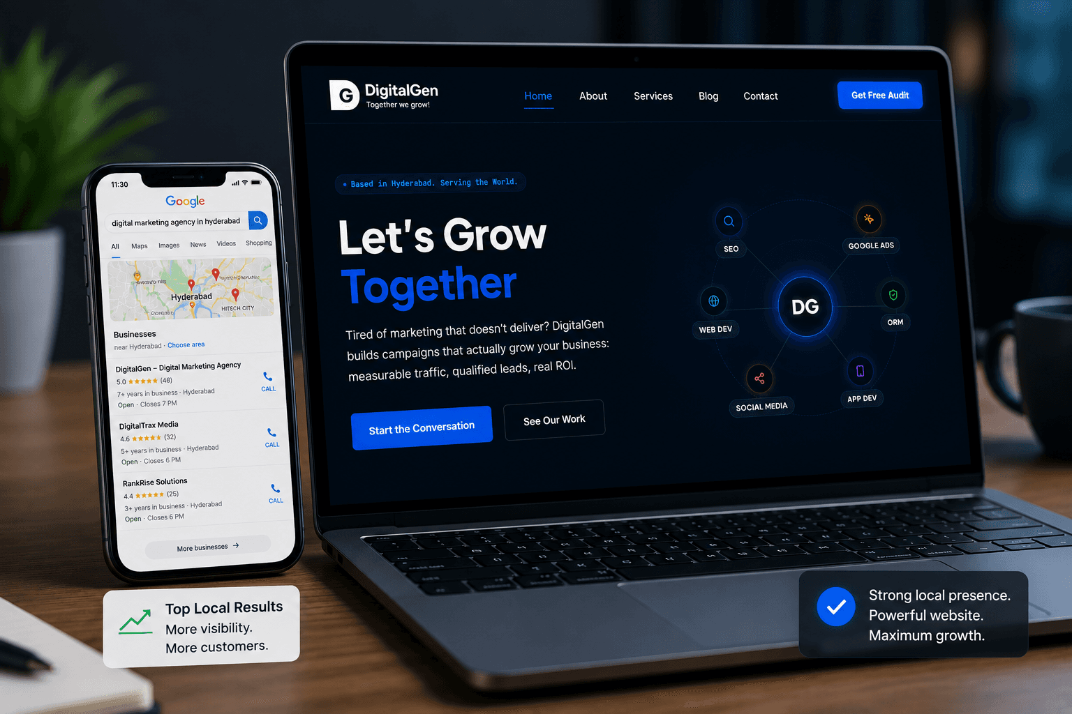 Google Business Profile and website working together for local business growth, DigitalGen Hyderabad.