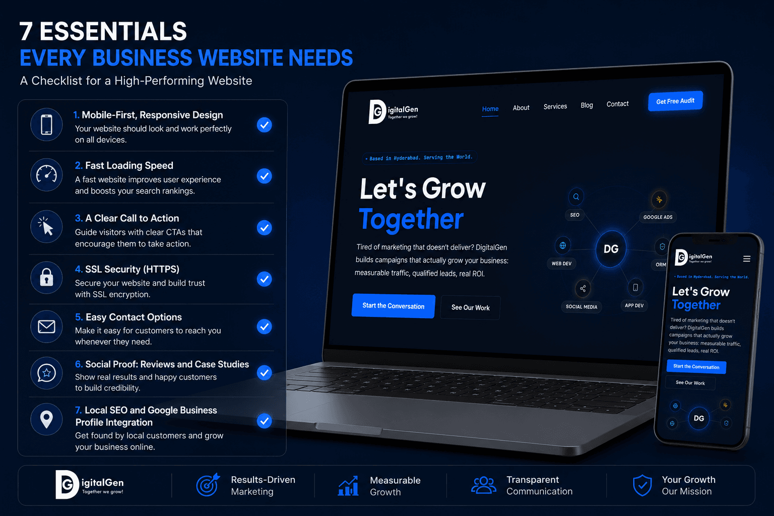 Website design checklist showing essentials every business website needs, DigitalGen Hyderabad.