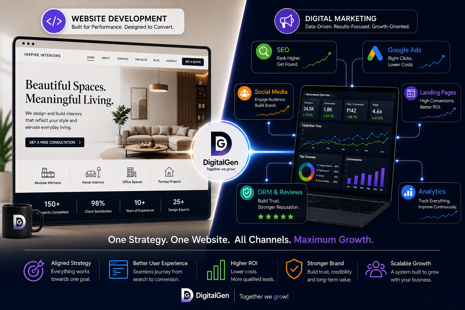 Website development and digital marketing working together as one growth system, by DigitalGen.
