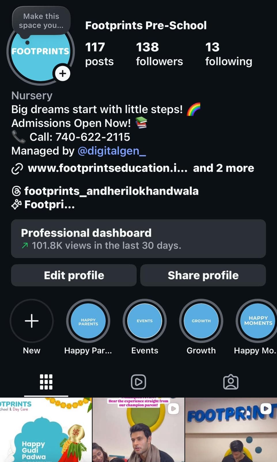 Footprints Pre-School Instagram page grown organically by DigitalGen.