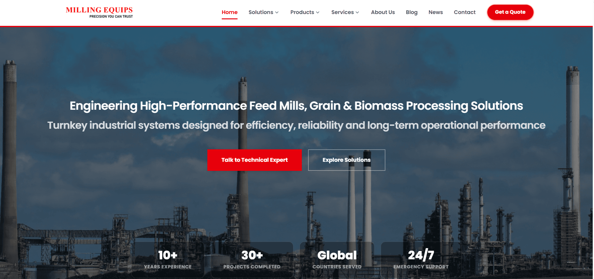 Milling Equips industrial engineering website homepage, designed and developed by DigitalGen.