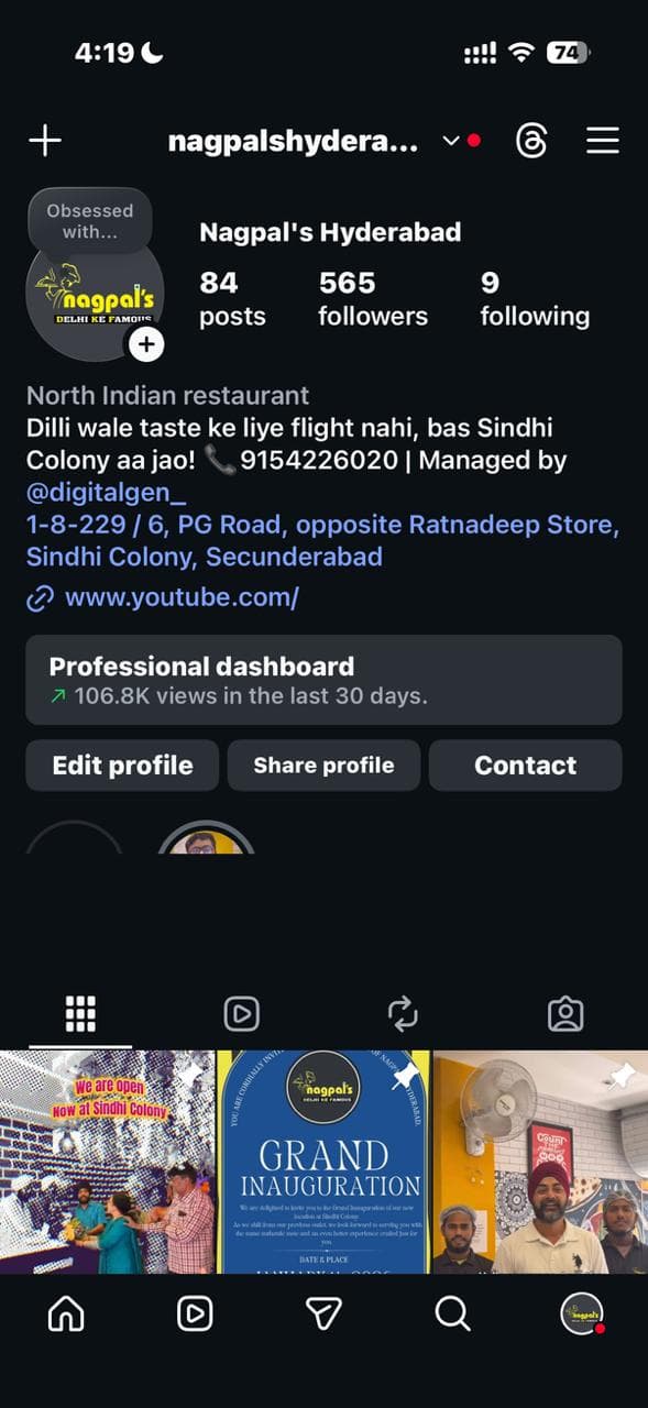 Nagpal's Hyderabad Instagram page managed by DigitalGen, relocation to Sindhi Colony.